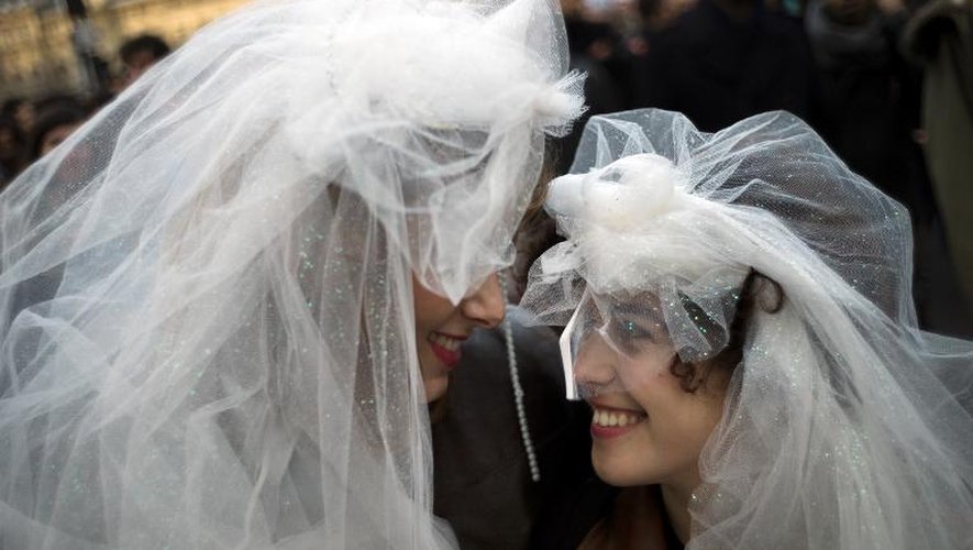 Deux femmes portant un voile de mariée participent à une manifestation pour la légalisation du mariage homosexuel, le 16 décembre 2012 à Paris