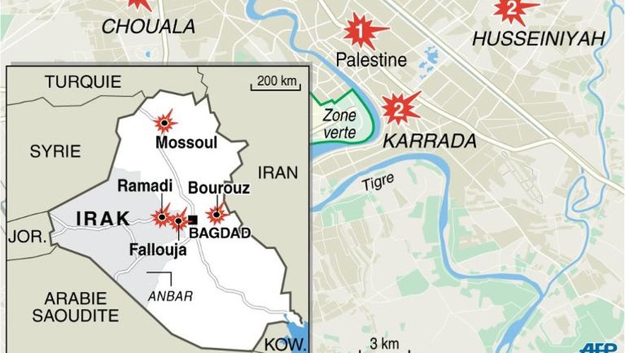 Carte d'Irak et de Bagdad localisant les attaques de mercredi