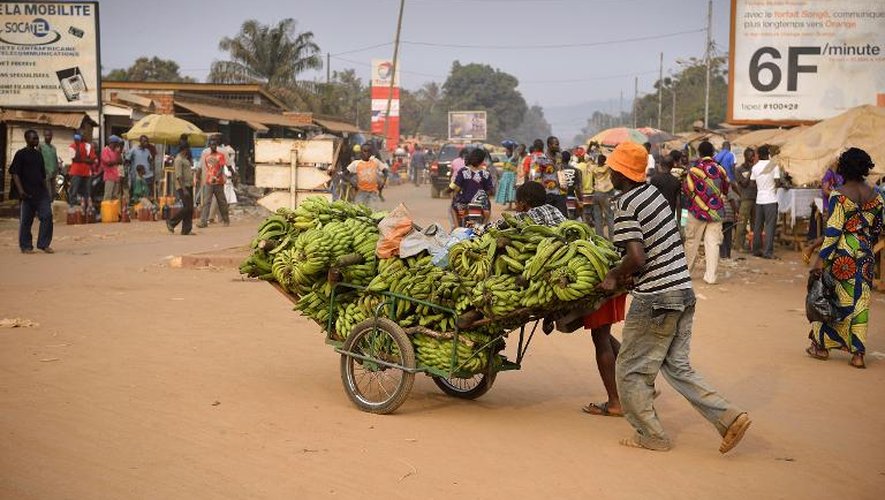 Un homme pousse une charrette de bananes sur le marché de Bangui, le 15 janvier 2014