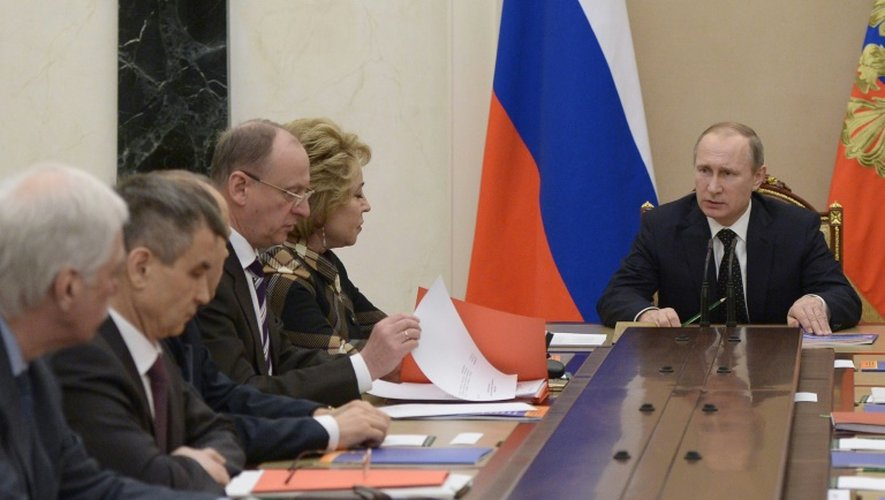 Le président russe, Vladimir Poutine lors d'un conseil de sécurité, le 4 mars 2016 à Moscou