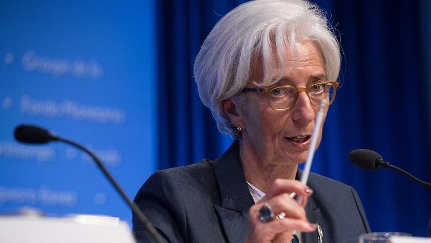 La directrice générale du FMI Christine Lagarde, lors d'une conférence de presse le 18 avril 2015 à Washington dans le cadre des assemblées semi-annuelles du FMI et de la Banque mondiale