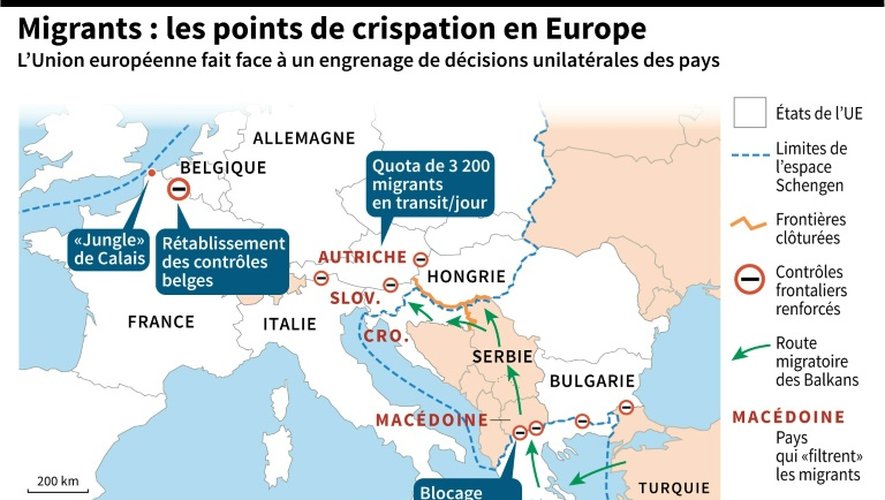 Carte des zones de tensions liées à la crise des migrants et réfugiés en Europe