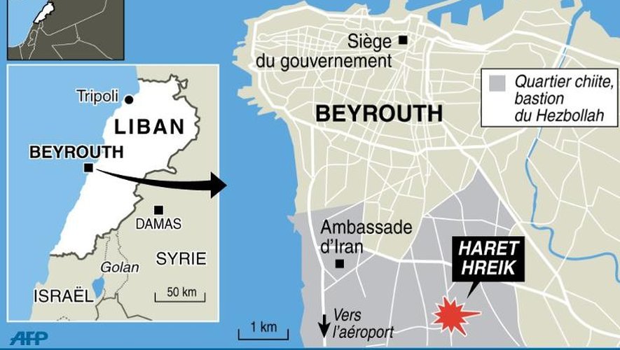 Infographie localisant l'attentat dans le quartier chiite de Haret Hreik de Beyrouth mardi matin
