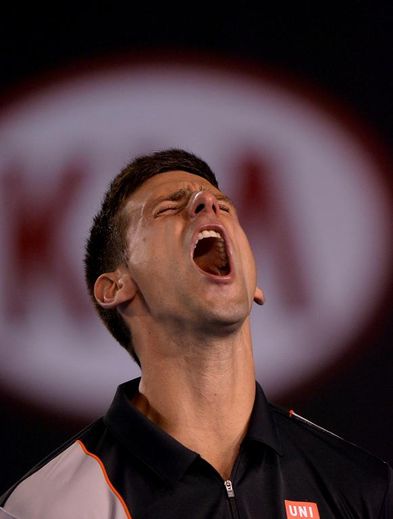 Le Serbe Novak Djokovic réagit lors de son match contre le Suisse Stanislas Wawrinka à l'Open d'Australie, le 21 janvier 2014 à Melbourne