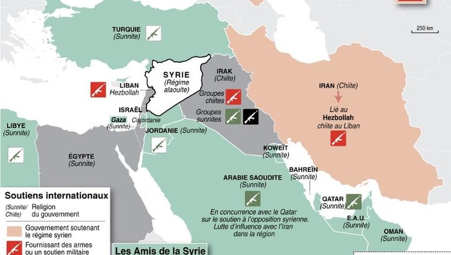 Carte localisant les pays soutenant le régime syrien ou les rebelles