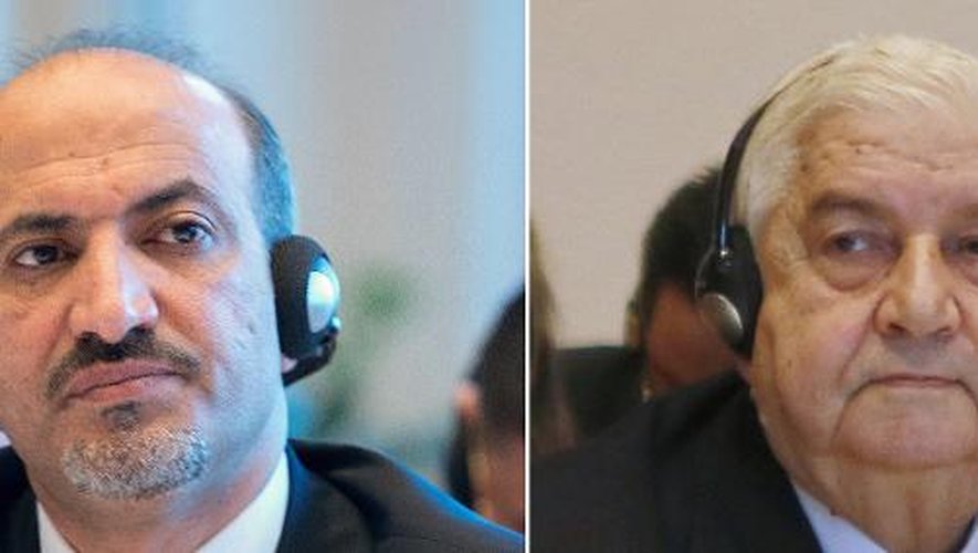 Montage photo montrant à gauche (g) le chef de la coalition de l'opposition syrienne Ahmad Jarba, et à droite (d), le ministre syrien des affaires étrangères Walid Mouallem en ouverture de la conférence sur la Syrie à Montreux le 22 janv