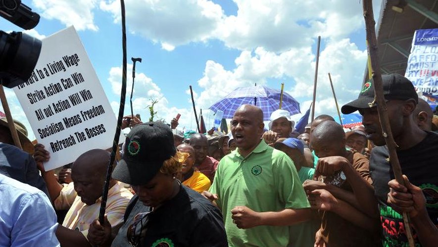 Le dirigeant syndical sud-africain Joseph Mathunjwa, de l'AMCU, durant un rassemblement près de la mine de platine Lonmin's à Marikana, l'un des trois groupes touchés par le mouvement de grève, le 23 janvier 2014