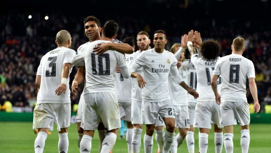 La joie des joueurs du Real Madrid après le but de James Rodriguez contre l'AS Rome, le 8 mars 2016 à Bernabeu