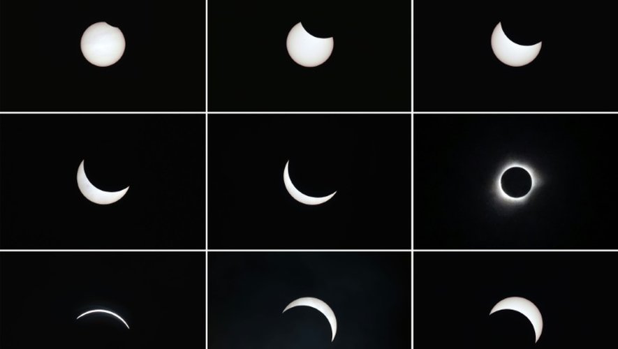 Montage montrant la lune passer devant le soleil pendant une éclipse totale vue à Ternate dans les îles Maluku en Indonésie le 9 mars 2016