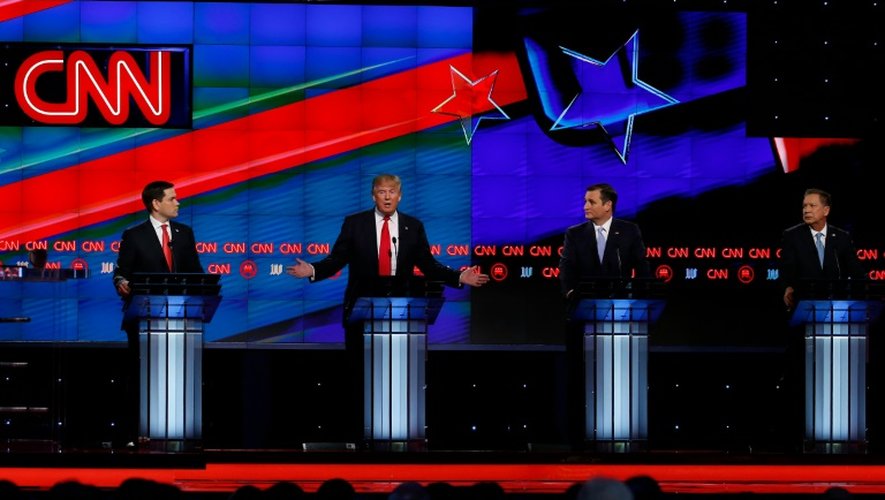 Les quatre candidats républicains à la Maison Blanche Marco Rubio, Donald Trump, Ted Cruz John Kasich, lors d'un débat télévisé diffusé sur CCN, le 10 mars 2016 à Miami
