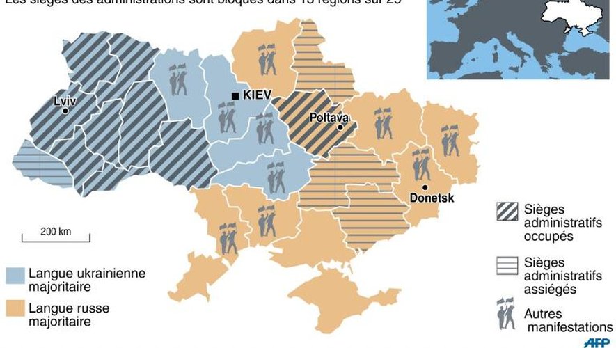 Carte des régions d'Ukraine touchées par des occupations des administrations régionales et des manifestations