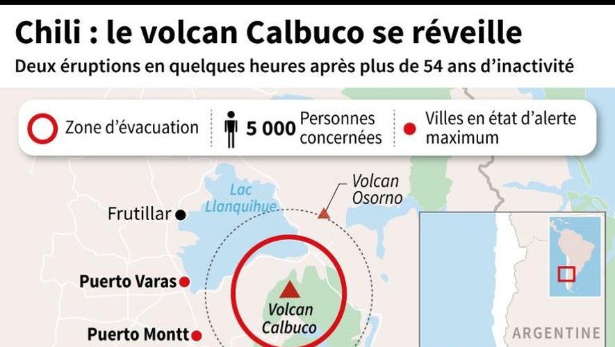 Carte de localisation du volcan Calbuco au Chili après deux éruptions en quelques heures