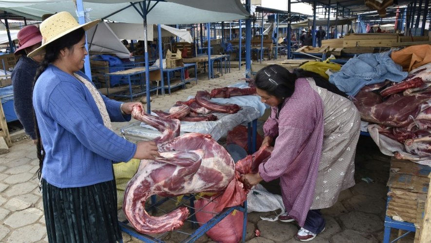 Une commerçante Aymara vend de la viande de lama sur un marché d'Oruro, en Bolivie, le 2 février 2016