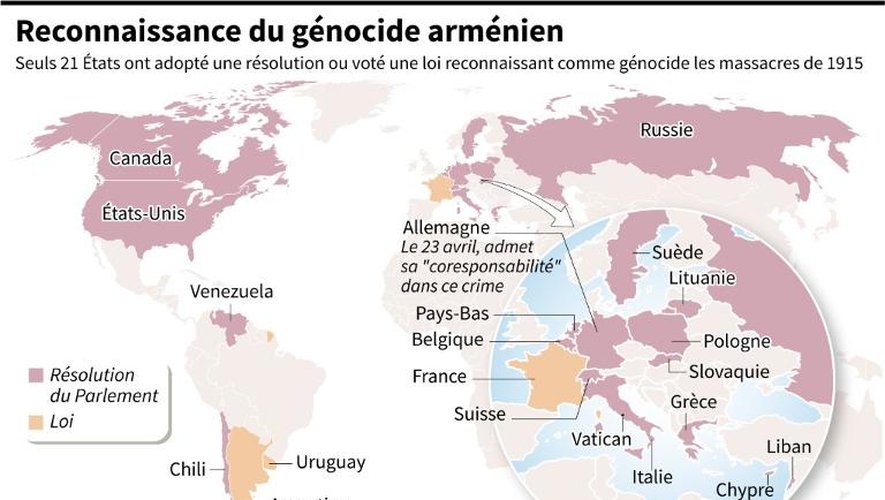 Carte du monde avec pays reconnaissant le génocide arménien