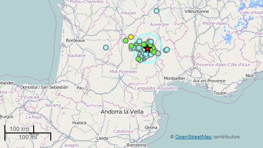 Depuis dimanche, le Bureau central sismologique français recueille les témoignages des Aveyronnais pour tenter de localiser l'épicentre. Dessinée cet après-midi, cette carte est basée sur 151 témoignages.
