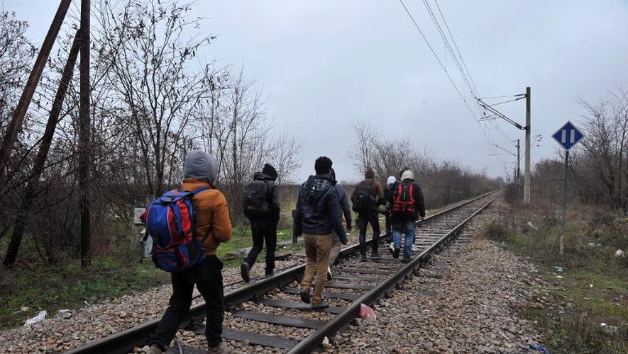 Des immigrants marchent sur les voies ferrées au poste frontière d'Idomeni, entre la Macédoine et la Grèce, le 28 novembre 2014