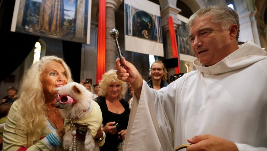 Le père Gil Florini bénit un chien lors d'une messe consacrée aux animaux le 7 octobre 2012 à Nice
