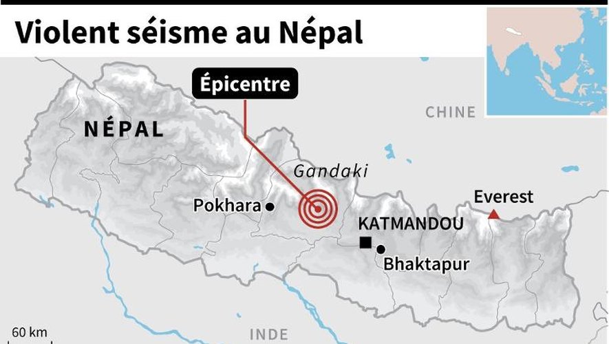 Carte localisant le tremblement de terre au Népal