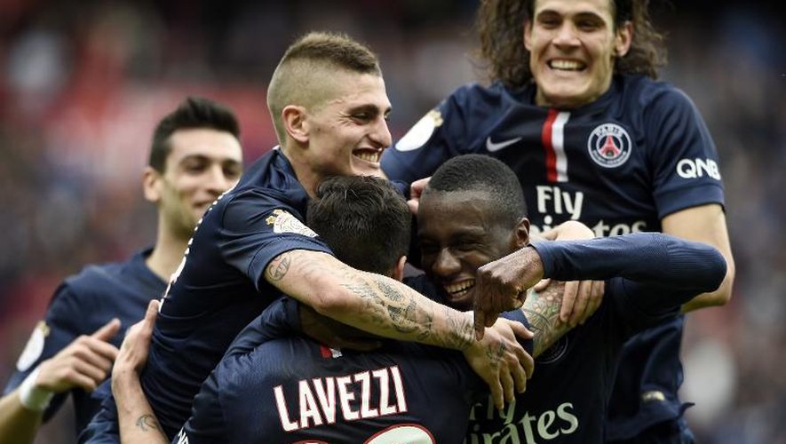 La joie des joueurs du PSG après l'un des buts d'Ezequiel Lavezzi face à Lille, le 25 avril 2015 au Parc des Princes