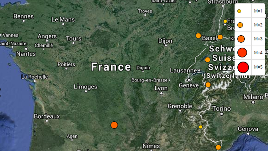 Le Réseau National de Surveillance Sismique a relevé le second séisme, de mardi après-midi. Ici en orange sur la carte.