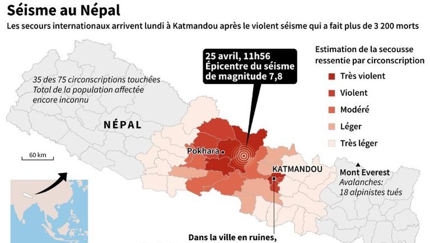 Carte du Népal avec les zones les plus touchées par le séisme