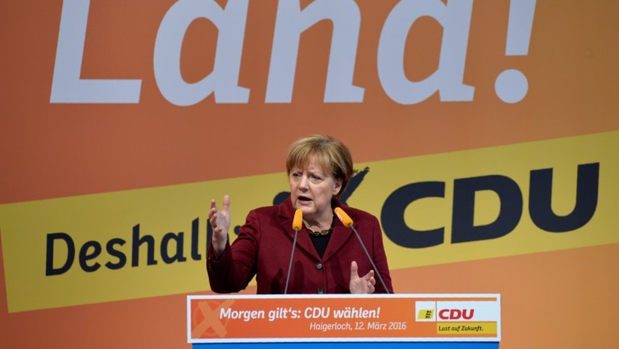 La chancelière allemande Angela Merkel le 12 mars 2016 à Haigerloch, en Allemagne, à la veille des élections régionales