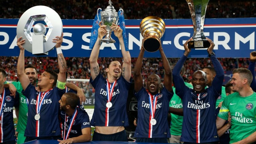 Le PSG présente son quadruplé: Ligue 1, Coupe de France, Coupe de la Ligue et Trophée des champions, le 30 mai 2015 au Stade de France