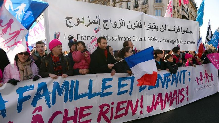 Manifestants contre l'ouverture de la procréation médicalement assistée (PMA) aux couples de femme et la gestation pour autrui (GPA), le 2 février 2014 à Paris