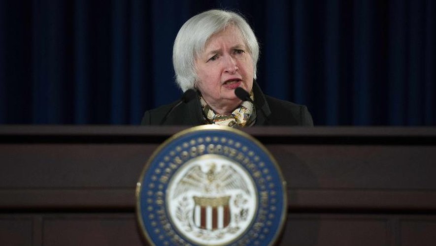 La présidente de la Fed, Janet Yellen, lors d'une conférence de presse le 18 mars 2015 à Washington