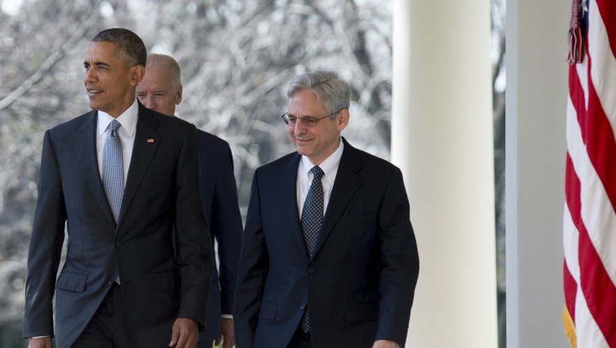 Barack Obama et le juge Merrick Garland (d) qui vient d'être nommé à la Cour suprême, le 16 mars 2016 à la maison Blanche