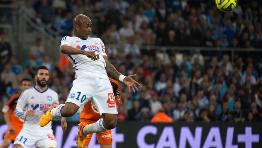 L'attaquant de l'OM André Ayew face à Lorient en Ligue 1, le 24 avril 2015 à Marseille