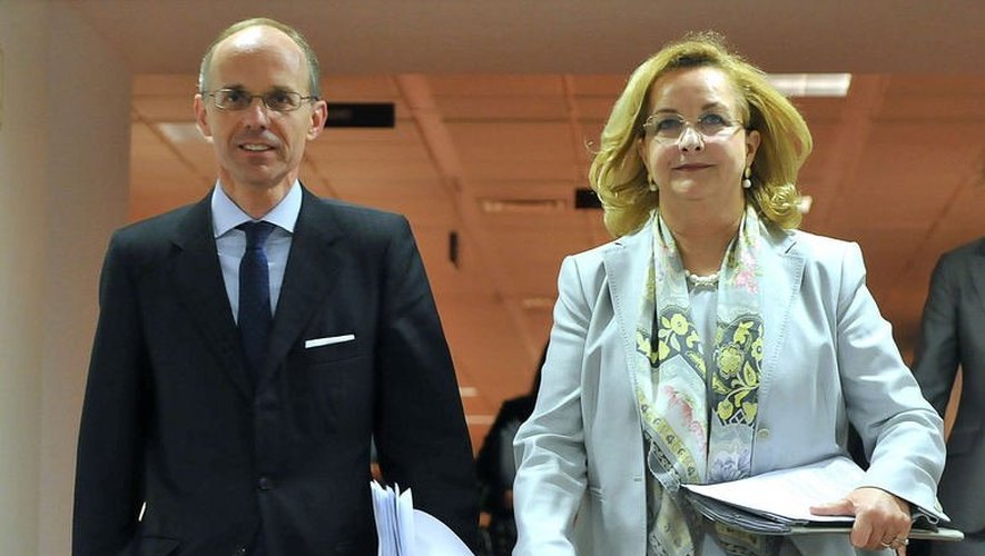 Le ministre luxembourgeois des Finances Luc Frieden et son homologue autrichienne Maria Fekter, à Bruxelles, le 14 mai 2013