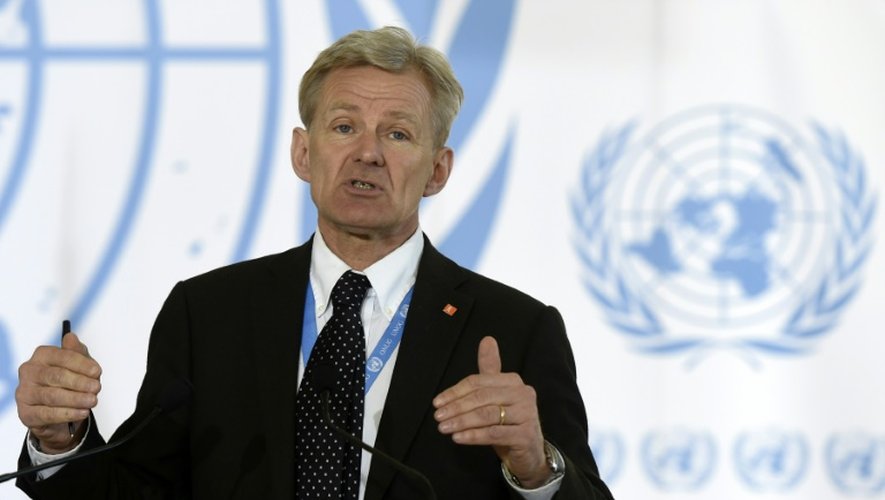 L'envoyé spécial de l'ONU pour la Syrie, Jan Egeland, lors d'une conférence de presse, le 17 mars 2016 à Genève