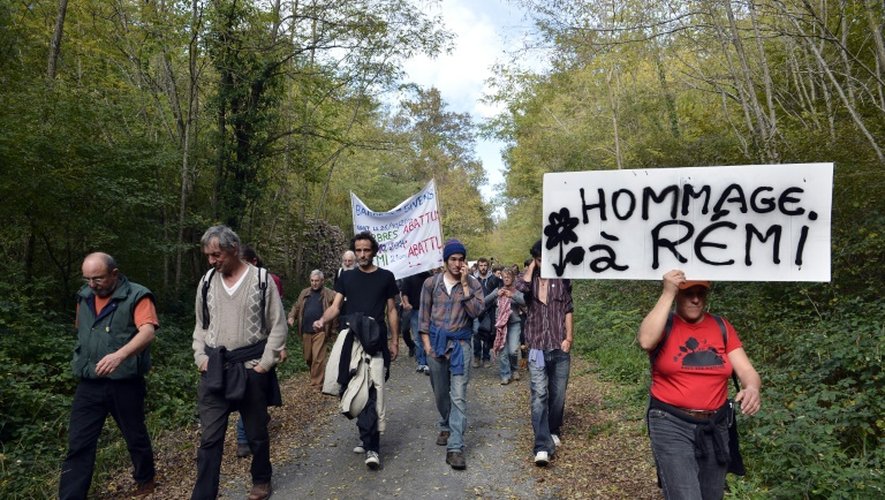Des soutiens de Rémi Fraisse, tué en 2014 sur le site du barrage de Sivens, dans le Tarn, manifestent à Gaillac le 25 octobre 2015