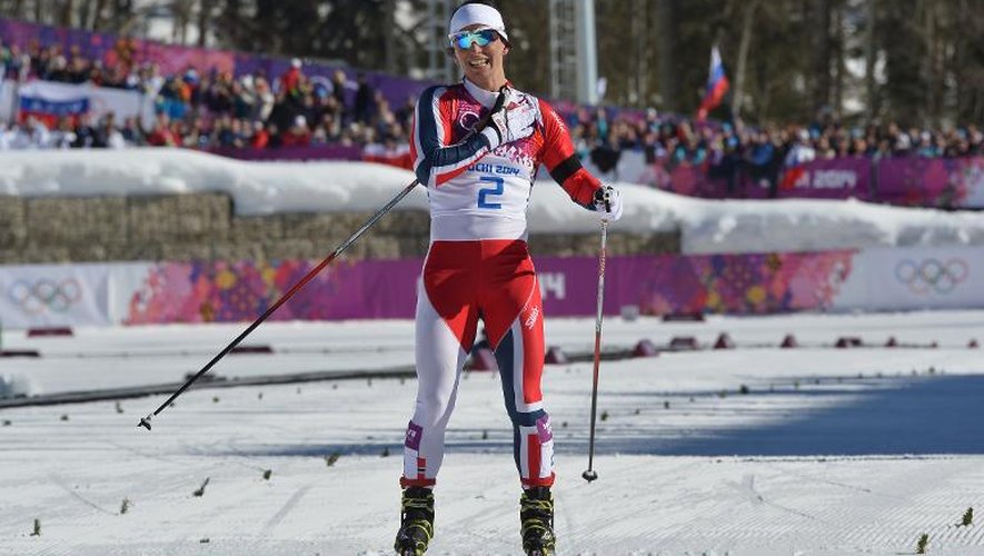 La biathlète norvégienne Marit Bjoergen remporte le skiathlon 15km, le 8 février 2014 à Rosa Khutor près de Sotchi