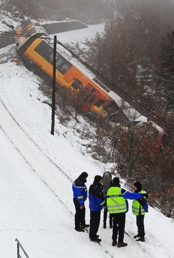 Des gendarmes sur le site du déraillement du train touristique des Pignes, dans les Alpes-de-Haute-Provence, le 8 février 2014