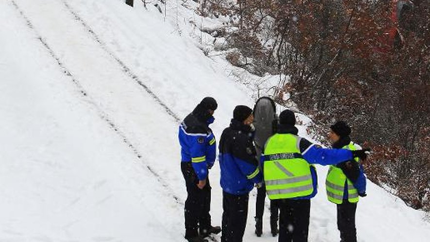 Des gendarmes sur le site du déraillement du train touristique des Pignes, dans les Alpes-de-Haute-Provence, le 8 février 2014