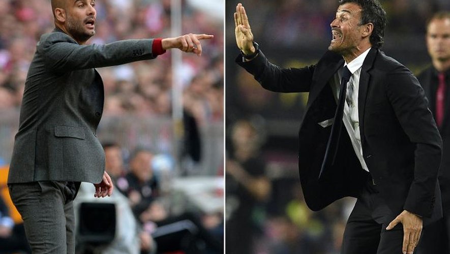 Les entraîneurs du Bayern Munich Pep Guardiola (g) et du FC Barcelone Luis Enrique