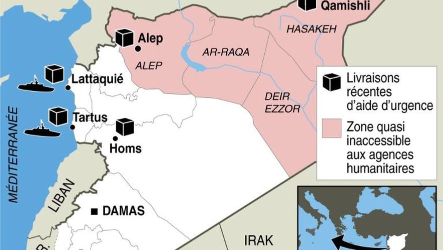 Carte de localisation de distributions récentes d'aide humanitaire et zone inaccessible aux agences humanitaires