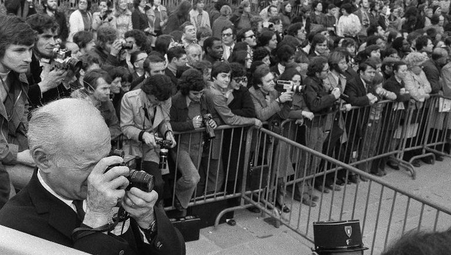 Photo prise le 6 avril 1974 à Paris du photographe Henri Cartier-Bresson lors d'une commémoration pour le président Georges Pompidou
