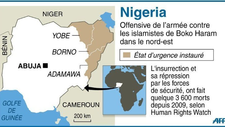 Carte de localisation des états du Nigeria en état d'urgence où l'armée a lancé une offensive contre les islamistes