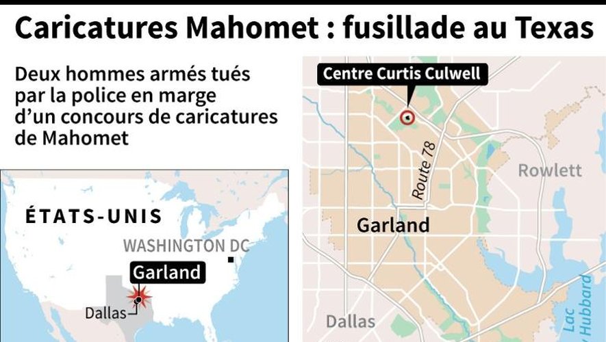 Cartes localisant Garland (Texas) et le Centre Curtis Culwell où deux hommes on été tués dans une fusillade avec la police