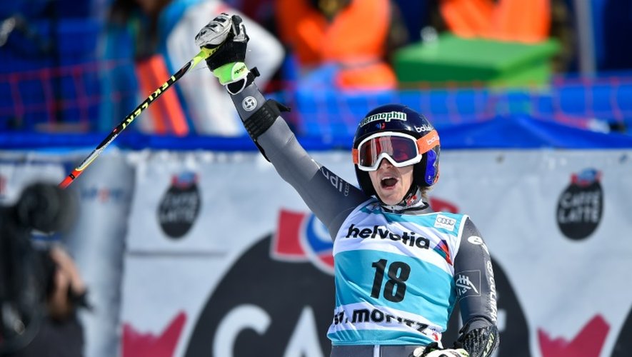 La Française Taïna Barioz exulte après sa 2e place lors du géant des finales de la Coupe du monde à St Moritz, le 20 mars 2016