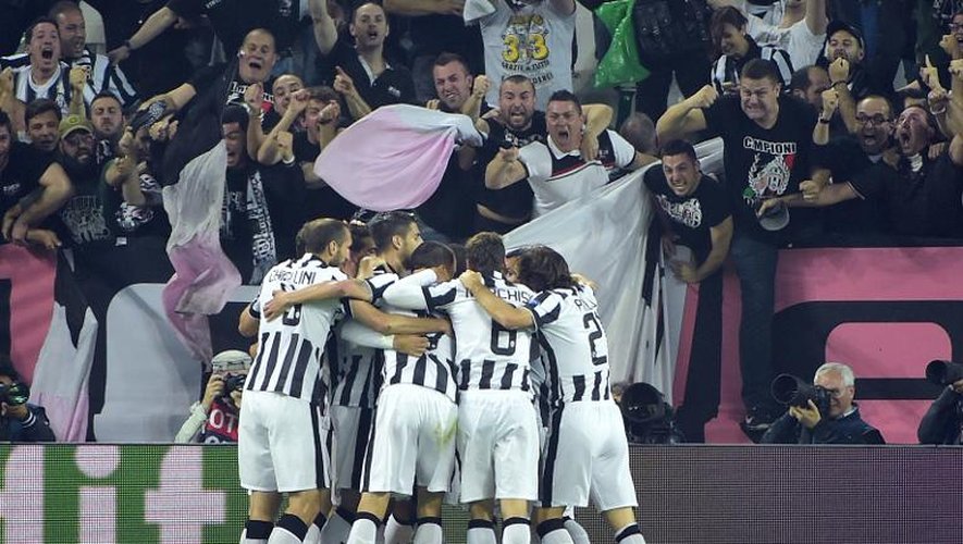 La joie des joueurs de la Juventus après le but d'Alvaro Morata face au Real Madrid, le 5 mai 2015 au Juventus Stadium à Turin