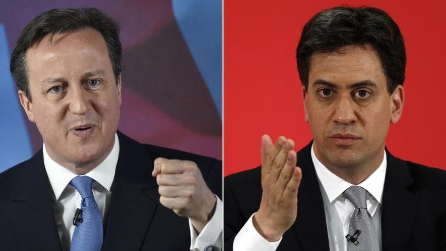 Montage photo de David Cameron (D) et Ed Miliband en campagne pour les législatives britanniques du 7 mai 2015