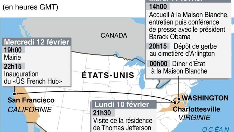 Carte des étapes de la visite d'Etat du président français aux Etats-Unis