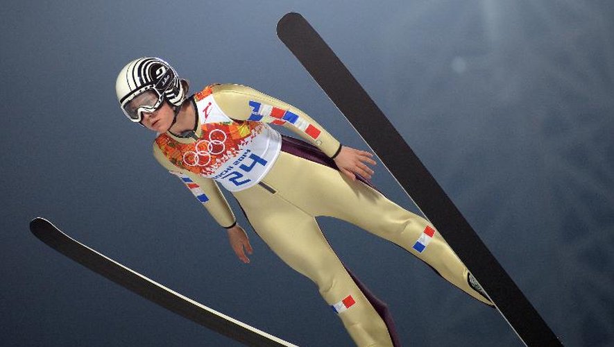 La Française Coline Mattel pendant le concours de saut à skis dames des JO le 11 février 2014 dans la station de Rosa Khutor