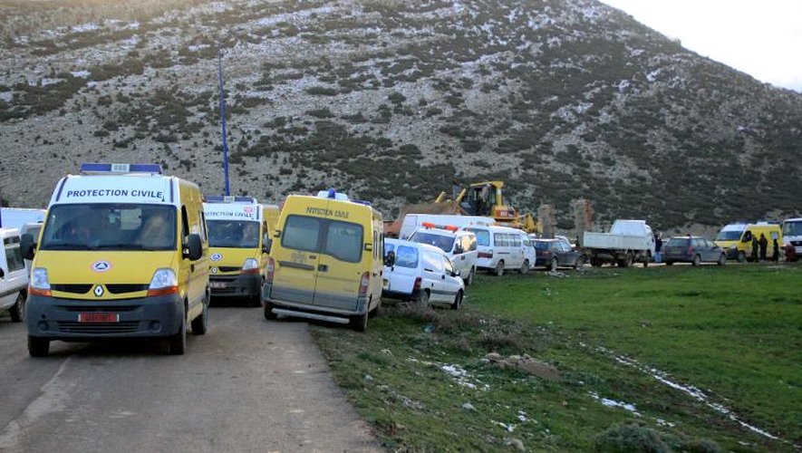 Des véhicules de secours sur les lieux du crash d'un Hercules C-130 près d'OUm El Bouaghi, à 500 km à l'est d'Alger, le 11 février 2014