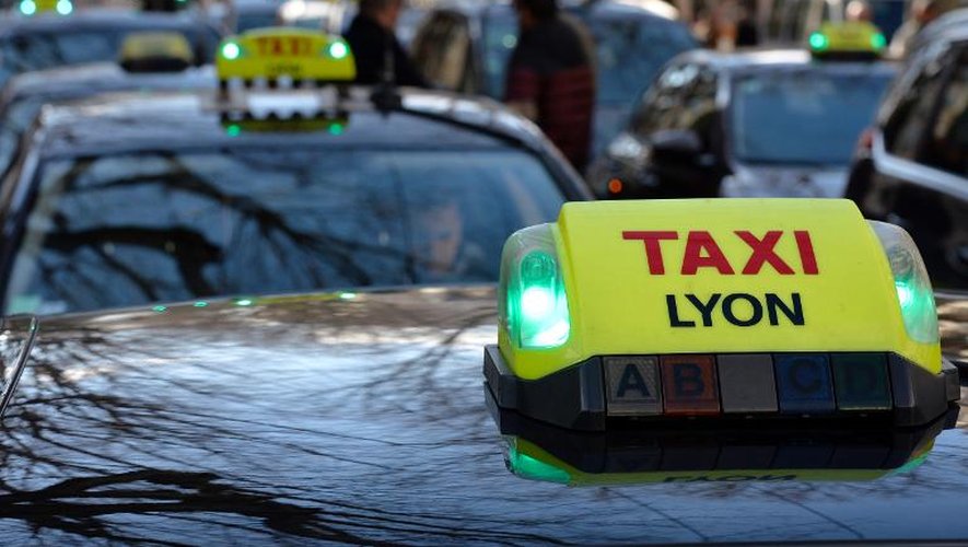 A Lyon, comme dans d'autres grandes villes de France, les taxis bloquent la circulation mercredi 12 février 2014 pour protester contre l'ouverture de leur activité à la concurrence