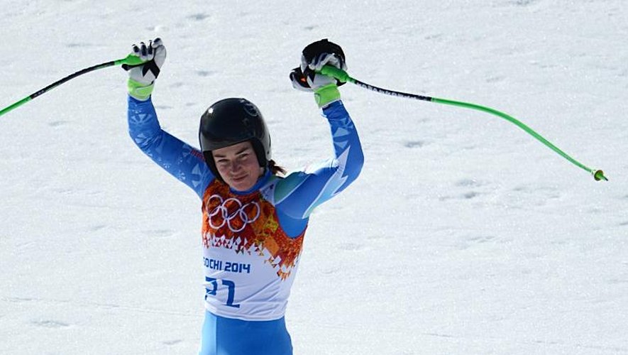 La Slovène Tina Maze après la descente olympique le 12 février 2014 aux JO de Sotchi